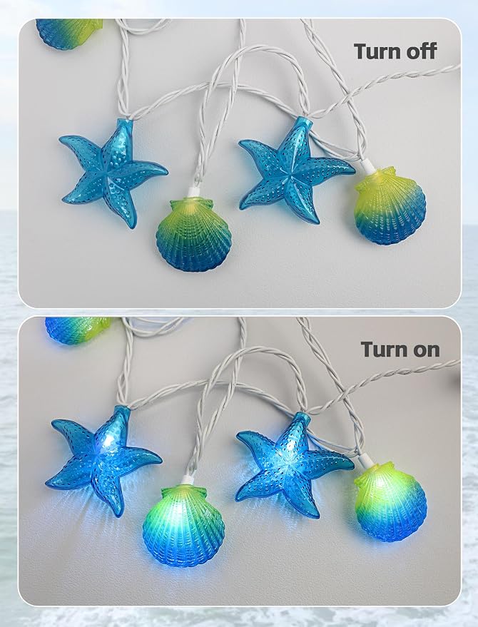 8.5Ft Beach Themed Seashell String Lights, 10L LED Starfish Seashell Lights | Plug in for Boho Coastal Bedroom Seashell Party Nautical Party Holiday Decor, Indoor Outdoor