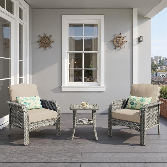 3 PCS Outdoor Patio Furniture Set with Side Table, All-Weather Rattan Wicker Outdoor Conversation Set with Thickened Cushions for Balcony Backyard Garden Lawn,Beige