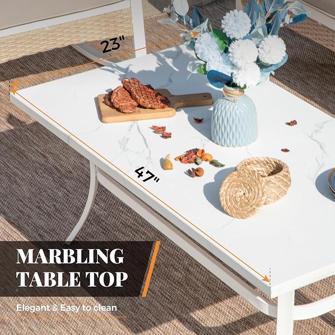 MIXPATIO 5 Piece Patio Furniture Set, 2 x Swivel Chair, 1 x 2-Seat Sofa, 1 x 3-Seat Sofa with Marbling Coffee Table, All Cushioned 7 Seats Outdoor Conversation Set for Lawn Garden Backyard, Beige