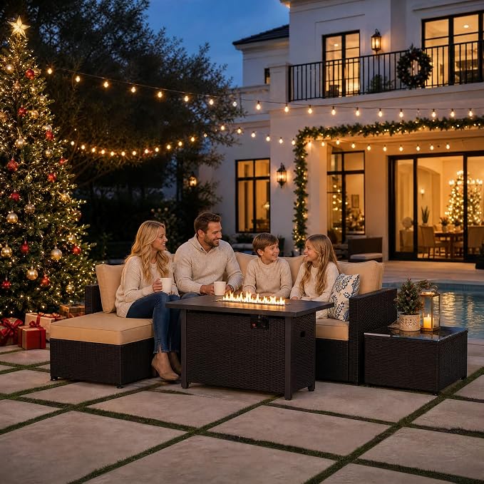 5 Piece Patio Furniture Sets, Outdoor Patio Set Sectional Sofa, All-Weather PE Rattan Couch with Cushion, Glass Table for Gatherings, Parties, Sports Viewing (Khaki, 6-Piece Fire Pit Table Set)