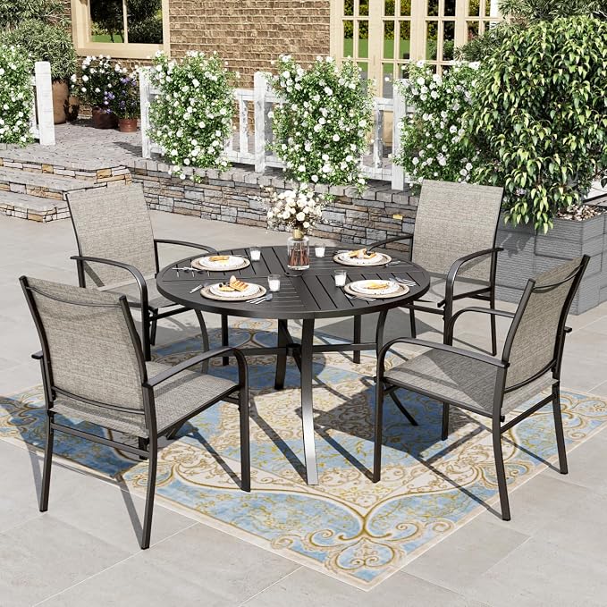 HERA'S HOUSE 5pc Patio Dining Set for 4, 42" Round Metal Table | Brown textilene chairs, umbrella hole. Waterproof, rust-resistant, all-weather for backyard, porch