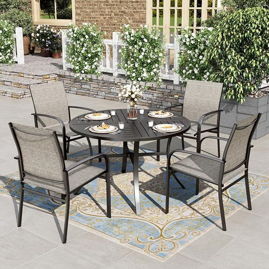 HERA'S HOUSE 5pc Patio Dining Set for 4, 42" Round Metal Table | Brown textilene chairs, umbrella hole. Waterproof, rust-resistant, all-weather for backyard, porch