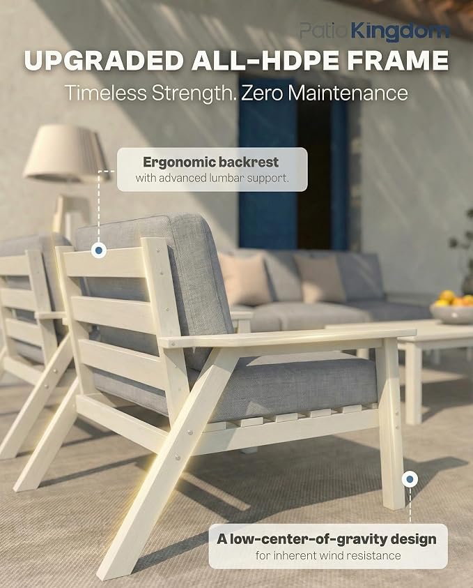 Patio Furniture Set 3 Seats, HDPE Outdoor Sectional with Washable Gray Thick Cushions, Coffee Table & Side Table, Patio Conversation Sets for Lawn, Garden, Porch, Balcony (White Frame)