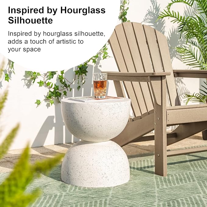 Glitzhome Outdoor Side Table, Round Small End Table with Terrazzo Finish MGO Hourglass Garden Stool, Set of 2 Lightweight Decorative Accent Table for Living Room Planter Stand Patio Pool Porch, White