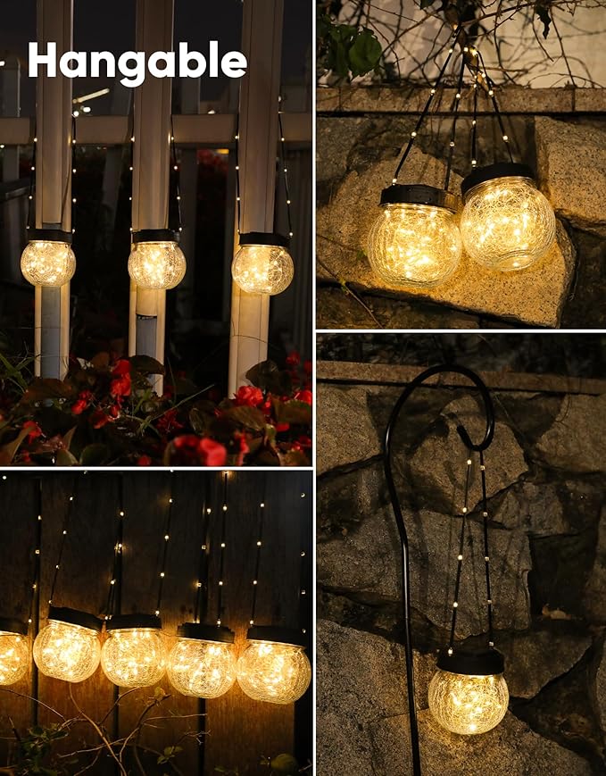 Solar Lanterns Solar Lights Outdoor Waterproof 18-Pack, Solar Powered Hanging Lights Cracked Glass Hanging Globes for Christmas Decoration, Shepherd Hook, Garden Tree Ornaments