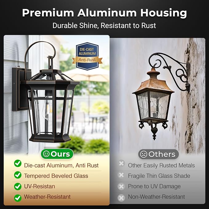 VIANIS Large Exterior Wall Light, Waterproof Dusk to Dawn Porch Lights, Rustproof Aluminum Outdoor Wall Lamp, Black Gold Trim Exterior Porch Lights, Outside Lighting Fixtures for House, Garage, Coach