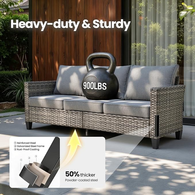 6 Piece Wicker Patio Furniture with Swivel Rocker Chair, Dark Gray | High Back Swivel Rocker Chairs, Outdoor Sofa Ottoman, Heavy Duty, All Weather Rattan Modern Conversation Sets, Deck Backyard