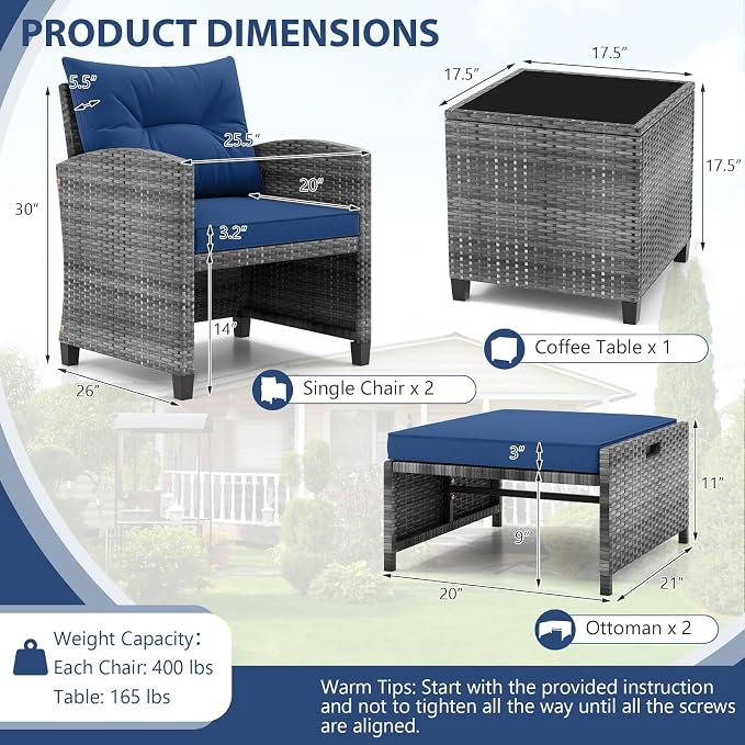 ORALNER 5 Pieces Patio Furniture Set with Ottoman, Wicker Conversation Set w/Cushions, Glass Coffee Table, Outdoor Lounger Rattan Chairs Bistro Set for Porch Balcony Garden Deck Poolside (Navy)