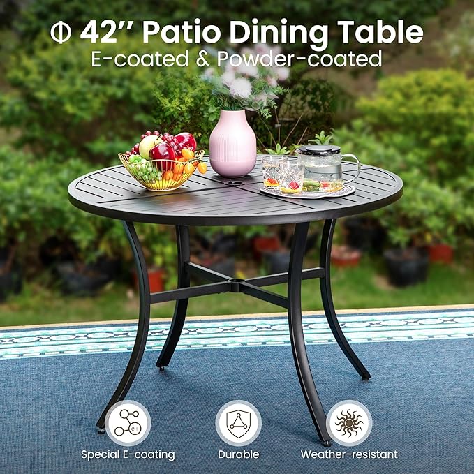 PHI VILLA 5pc Patio Dining Set with Umbrella, Round Table, Rattan Chairs | Includes 42" Round Metal Table, 4 Cushioned Rattan Chairs and 10ft Red umbrella. Perfect for patio, deck, yard, or porch