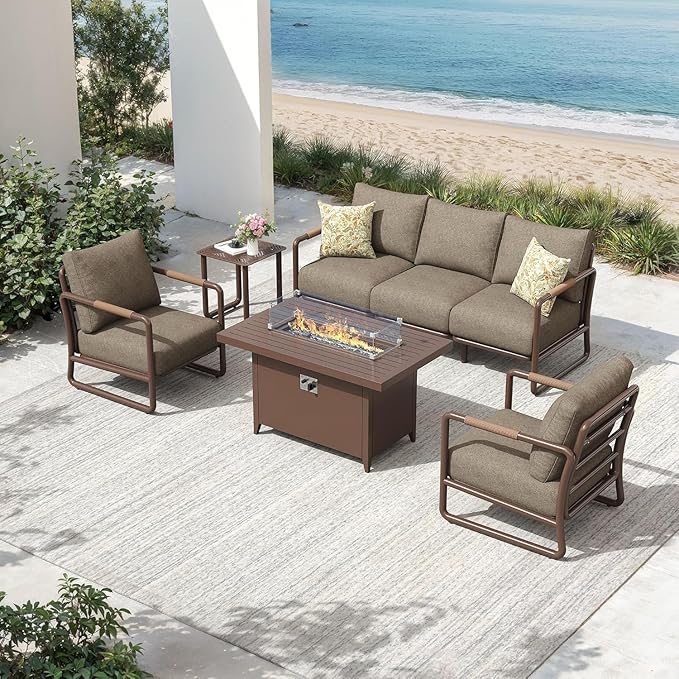 5-Seat Aluminum Patio Conversation Set, Modern Outdoor Sofa with Oversized Fire Pit Table (Glass Wind Guard), 6.5" Thick Cushions, All-Weather for Balcony, Garden (Brown)