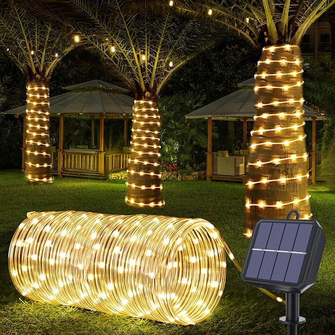 Solar Rope Lights, 33ft 100LED Solar String Lights, 8 Modes Waterproof Solar Outdoor Light, Flexible Clear Trampoline Light for Garden Backyard Patio Deck Porch, Pool Tree Decoration - Warm White