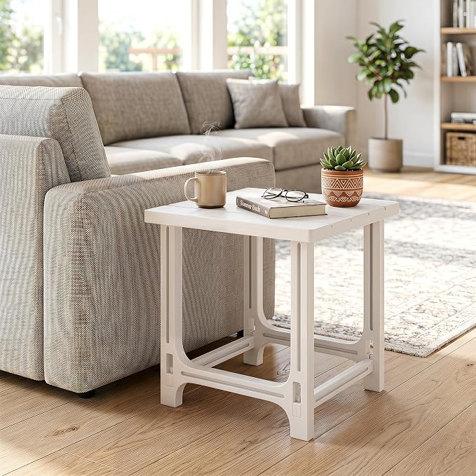 Tangkula Outdoor Adirondack Side Table, 18" Heavy Duty HDPE Patio End Table with Slatted Surface, 0-Screw Assembly, Easy Maintenance, Small Outdoor Side Table for Porch, Pool, Garden, Deck (White,1)