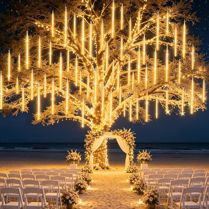 Meteor Shower Lights Outdoor Christmas Lighting Falling Rain Lights 12Inch 10Tubes Rain Drop Light Snowfall Icicle Cascading String Decor for Xmas Holiday Tree Garden Decor,Shine Warm White