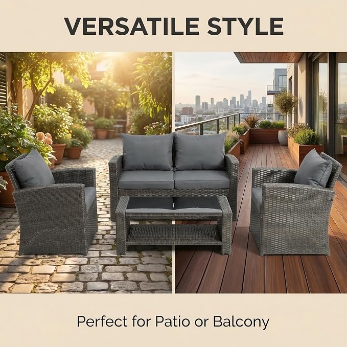 4 Pieces Outdoor Patio Furniture Set, PE Wicker Patio Conversation Set with Cushions and Tea Table, All-Weather Outside Rattan Sectional Sofa for Backyard,Porch, Garden, Balcony, Grey