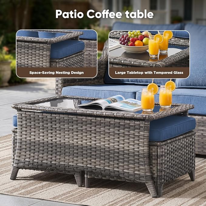 Belord Patio Wicker Swivel Rocker Patio Chairs with Coffee Table and 3-Seater Sofa, Outdoor Furniture Set for Deck Porch Garden, 6 Piece Luxury Patio Furniture Set, Blue