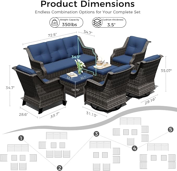 Outdoor Patio Furniture Set, 7 Piece Wicker Patio Furniture with Thick Cushions, Curved Armrest, Deep Seating, Outdoor Swivel Rocker Chairs for Porch, Deck, Balcony