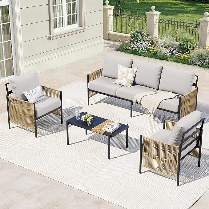 Aluminum Outdoor Patio Furniture Set, 5 Seats Outdoor Sectional with Coffee Table, Patio Conversation Sets with Washable Thick Cushions and Waterproof Cover for Backyard/Garden /Poolside, Silver Gray