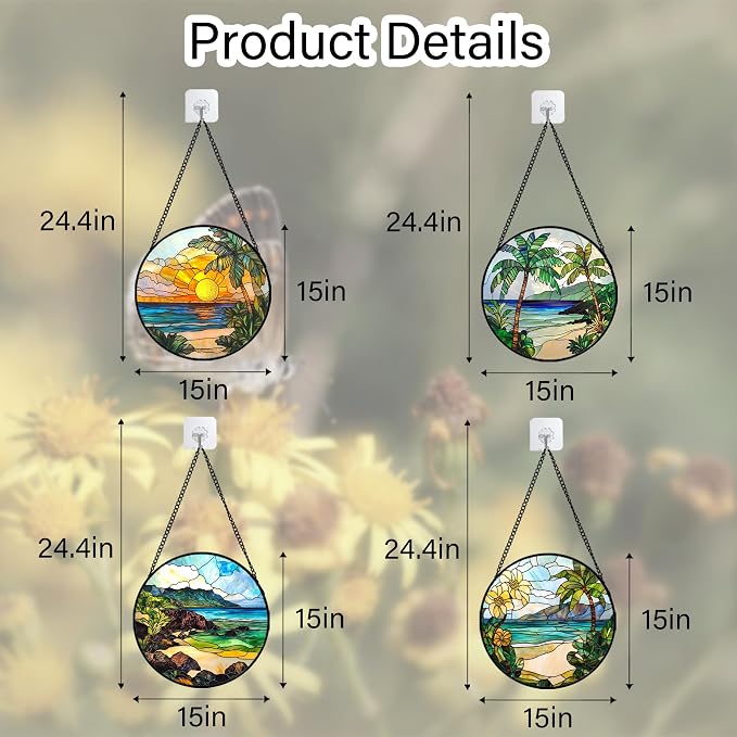 DASTOLL Stained Glass Window Hanging 4 Pcs Set Blue Ocean Coconut Tree Scenery Large 15" - Suncatcher Door Garden Sun Catcher Decor Birthday Christmas for Mom Woman Nana Men