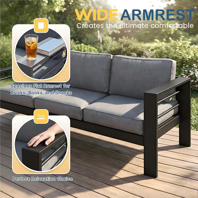 Solaste Aluminum Patio Furniture Set for All Weather, Oversized Metal Outdoor Furniture Set with 27.5" Deep Seating and 3.2" Wide Armrest, Patio Conversation Set with 5" Cushion, Black and Grey