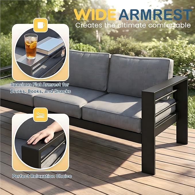 Solaste Aluminum Patio Furniture Set for All Weather, Oversized Metal Outdoor Furniture Set with 27.5" Deep Seating and Wide Armrest, Outdoor Loveseat Sofa with 10" Back Suport Cushion，Black and Gray