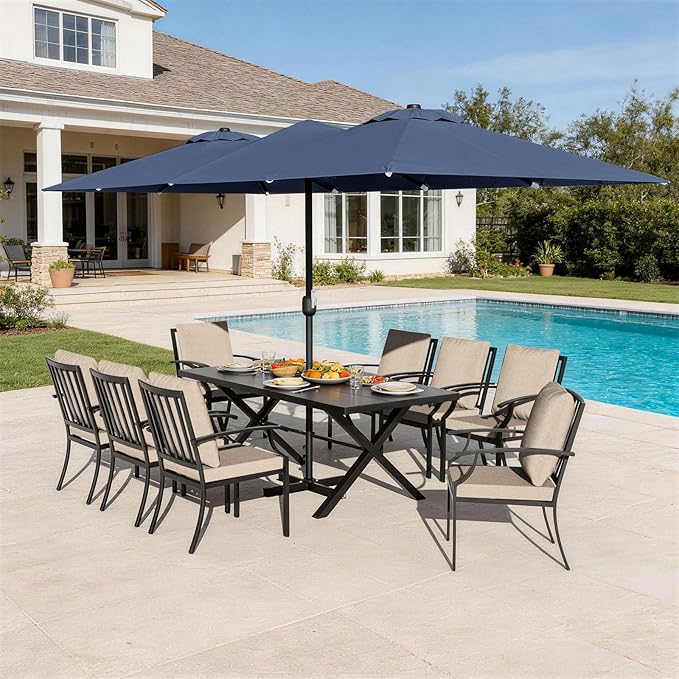 10 Piece Outdoor Dining Set for 8, Patio Table and Chairs Set with Umbrella, Metal Patio Furniture Set with 8 Stackable Chairs, Outdoor Table and Chairs with Cushions for Lawn, Garden, Yard-Sand