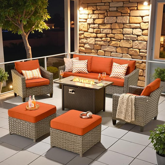 CAODOC Wicker Patio Furniture Set,7 Pieces Modern Outdoor Conversation Set Sectional Sofa with Cushion and Ottomans for Garden, Poolside, Backyard