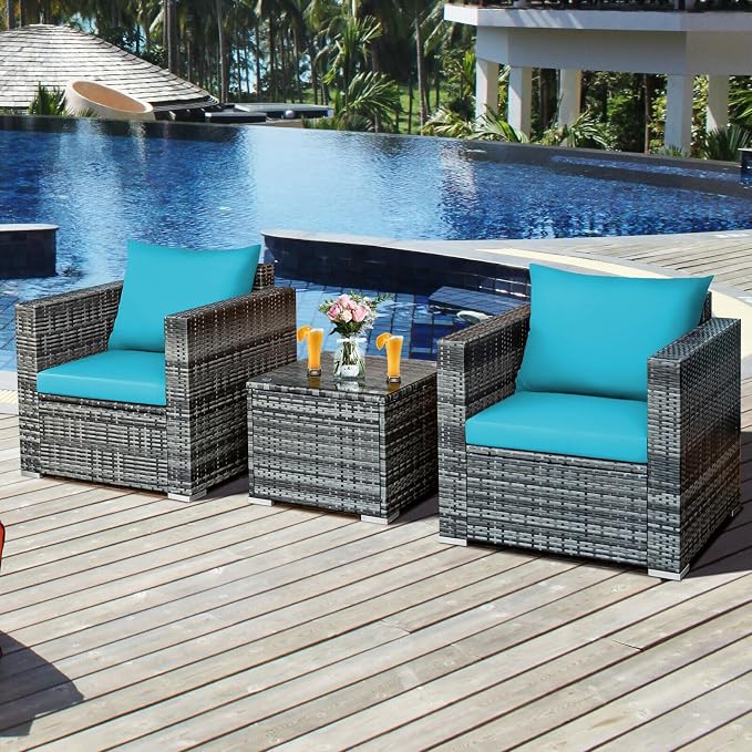MARURY 3 PC Patio Rattan Furniture Bistro Set Outdoor Furniture Modern Conversation Set with Loveseat and Coffee Table, for Porch, Garden, Balcony