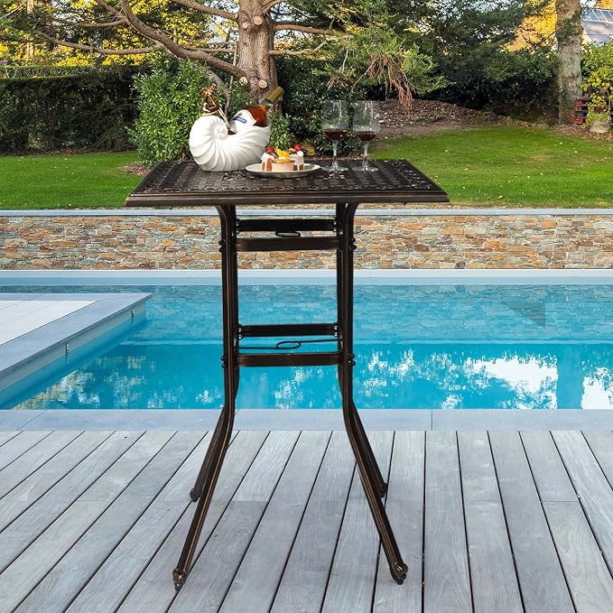 31.5" Outdoor Bar Table Bar Height Patio Table with 2" Umbrella Hole, Outdoor Cast Aluminum Tall Conversation Tables for Backyard, Garden, Patio, Porch (Bronze)