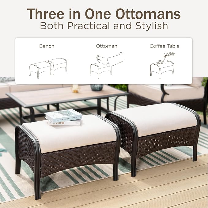 PHI VILLA Outdoor Patio Furniture Set，Premium Rattan Wicker Metal Patio Conversation Sets for Backyard w/Coffee Table, Seat Cushions