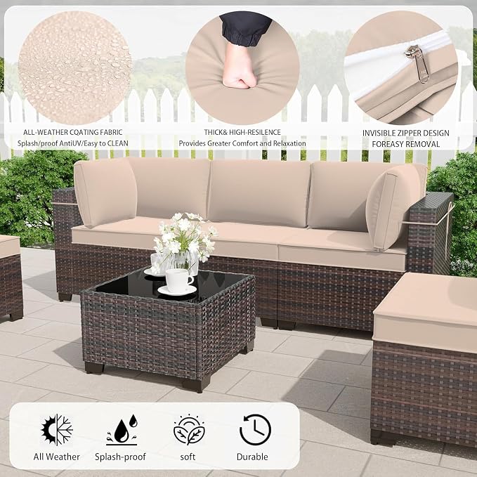 9 Pieces Outdoor Sectional Furniture All Weather PE Rattan Wicker Patio Conversation Set with Coffee Table and 8 Thickened Cushions,Sand