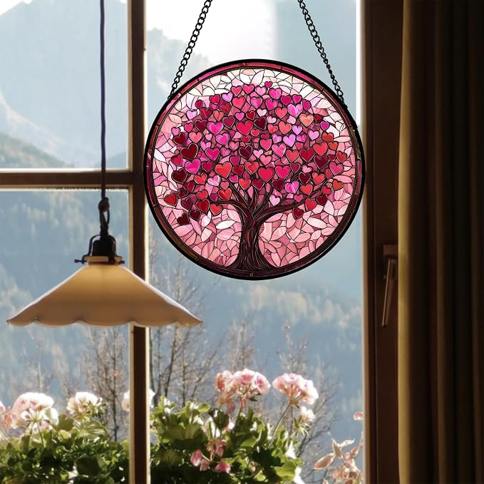 Stained Glass Window Hanging, Birthday Gifts for Women Mom Grandma Nana Wife Couple, Pink Love Tree Suncatcher for Doors Window Home Sun Catchers Gifts Decor 6.3 in