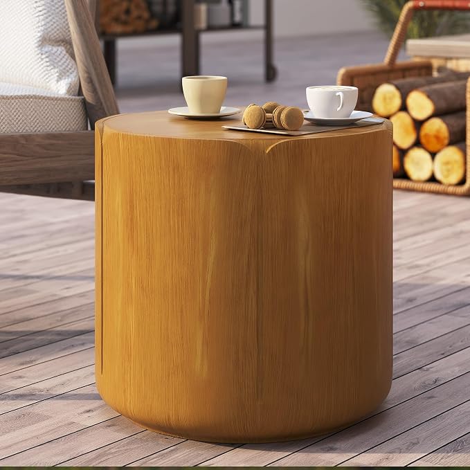 19.29" H Round Outdoor Indoor Side Table, Modern Wood Grain Patio Garden Stool, Sturdy MGO Waterproof, No-Assembly Table for Patio, Garden, Backyard, Living Room