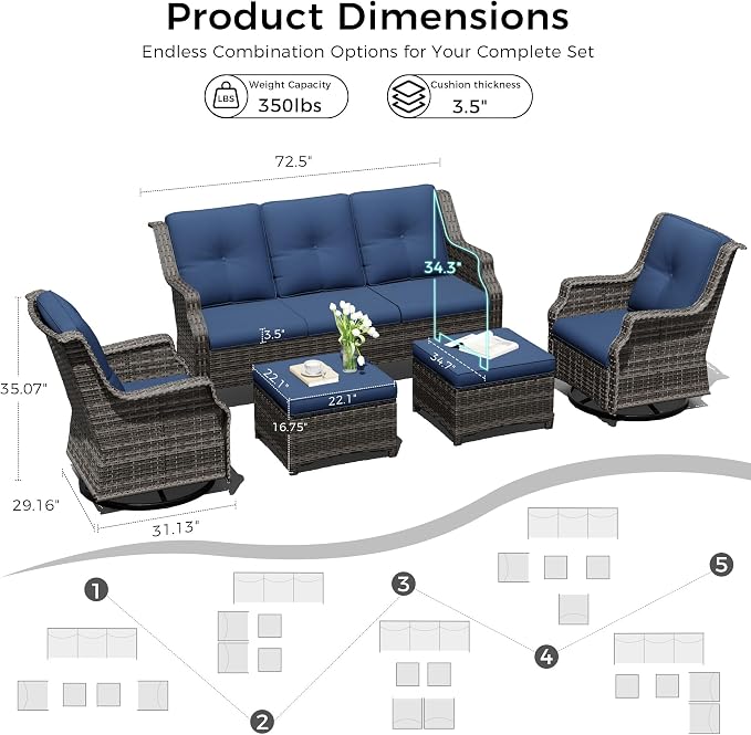 Outdoor Patio Furniture Set, 5 Piece Wicker Patio Furniture with Thick Cushions, Curved Armrest, Deep Seating, Outdoor Swivel Rocker Chairs for Porch, Deck, Balcony