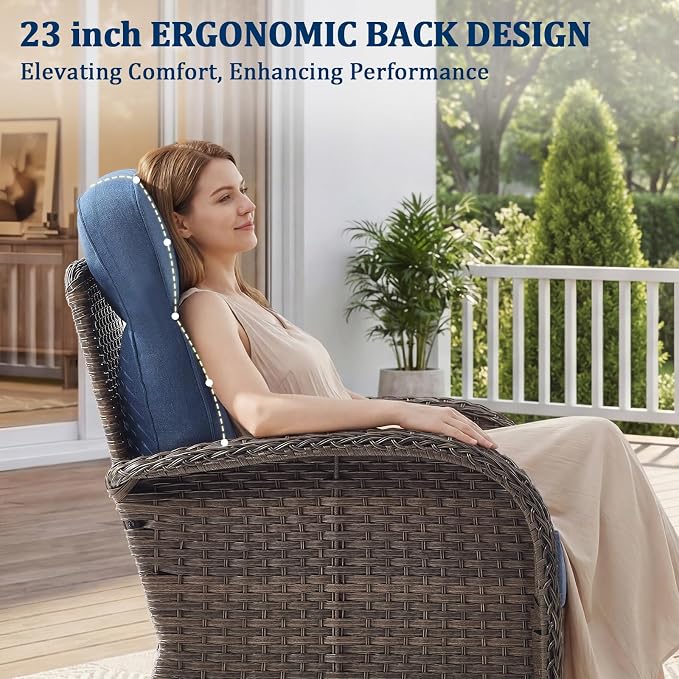 Outdoor Swivel Rocking Chair Patio Set (9pcs) High-Back - Thick Cushion Swivel Rocking Chair Patio with Fire Table Set, All-Weather Wicker Patio Furniture Set, Suitable for Balcony Patios, Brown/Blue