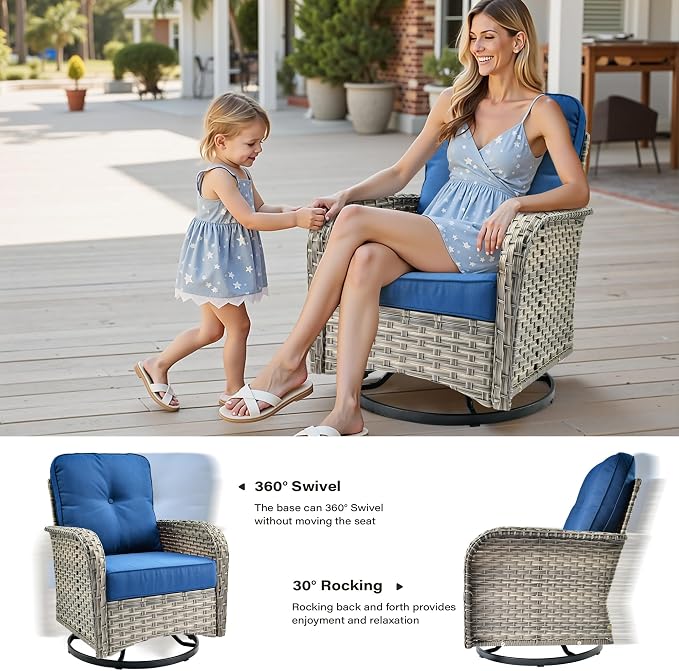 10 Pieces Outdoor Sectional Patio Furniture Set with Swivel Rocking Chairs,Wicker Conversation Sets Rattan L Shaped Couch,Modular Outdoor Sofa for Porch Balcony Backyard Navy Blue