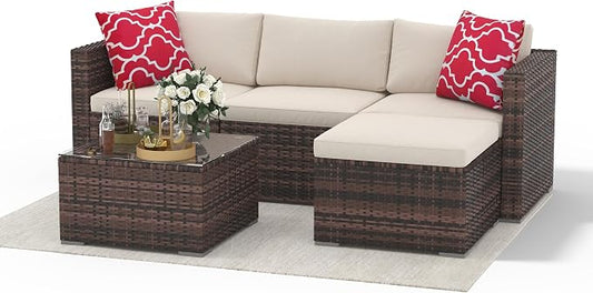 5 Piece Outdoor Patio Furniture Set, Rattan Deck Conversation Sofa Set with Non-Slip Cushions, All-Weather Sectional Sofa with Glass Storage Table and Balcony Footstool, Poolside, Garden, Porch, Brown
