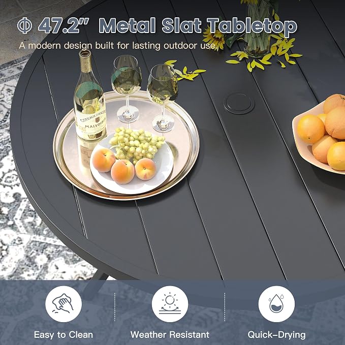 VICLLAX 7 Pieces Patio Outdoor Dining Set, 47.2" Round Metal Table with Umbrella Hole and 6 Stackable Textilene Chairs for Patio, Lawn, Garden, Porch, Black/Dark Blue