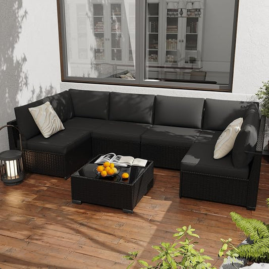KIGOTY 7-Piece Patio Furniture Set, All-Weather PE Rattan Outdoor Sectional Sofa, Modular Wicker Conversation Set with Thick Washable & Easy-Clean Coffee Table（Black/Black-X）