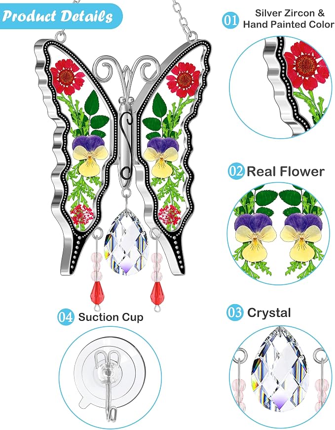 KY&BOSAM Butterfly Glass Crystal Pressed Flower Suncatchers Window Hanging | Colorful Prism Charm Sun Catcher Wind Chime Ornament,Metal Dried Flower and Glass,Mothers Day Gifts for Mom Christmas
