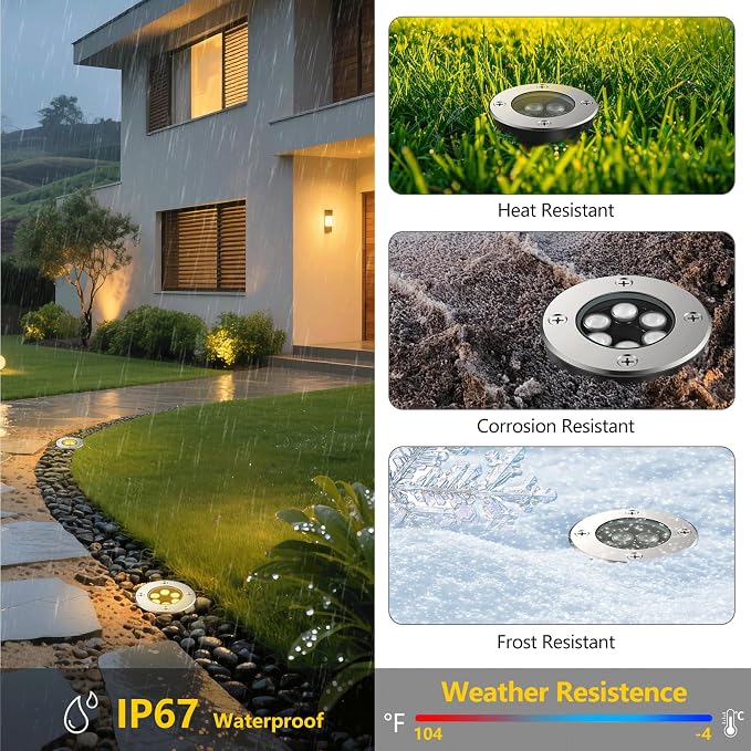 JESLED 12 PackOutdoor Landscape Lights, Low Voltage In Ground Well Lights | 3000K Warm White, 6W LED, 12V/24V, IP67 Waterproof, 5-Ton Pressure Resistant & 90° Beam for Driveway Decks Step Garden