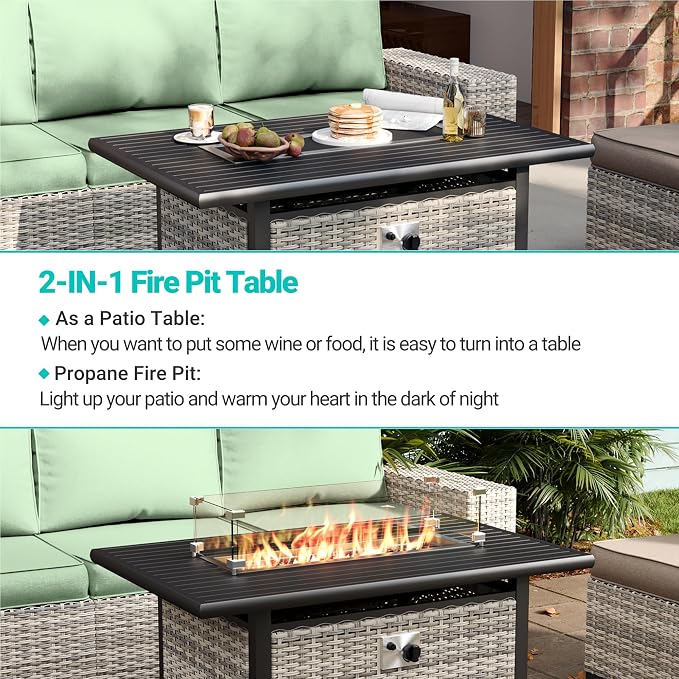 11-Piece Outdoor Patio Furniture Set with Rocking Swivel Chair, Wicker Rattan Sectional Sofa Conversation Set with 55,000 BTU Fire Pit Table, Backyard Furniture, Light Green
