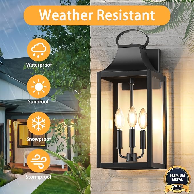 20" Extra Large Dusk to Dawn Outdoor Wall Light with 3-Light, Black | Exterior Lighting Fixtures, Waterproof Wall Mount Porch Lantern, Modern Outside Wall Sconce Garage Coach Light, E12, 1 Pack