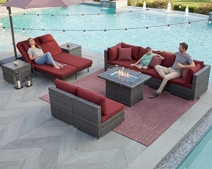 NICESOUL 11 Piece Outdoor Furniture Set with Fire Pit, 29.3'' High Back Patio Sectional with Fire Pit & Chaise Lounge, 500 lbs Heavy Duty Large Deep Couches, 2 Color Cushion Burgundy & Gray