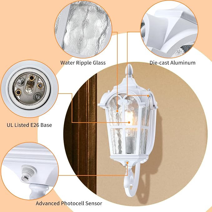 17.71" Dusk Dawn Outdoor Porch Light White Exterior Wall Lantern | Modern Outside Sconce Lighting Fixtures Waterproof Wall Mount Lamp for House Garage Patio Entryway