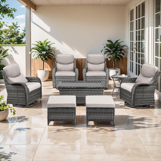 Outdoor Swivel Rocker Patio Chairs Set of 4 with Ottoman Coffee Table - 5" Thick Cushion 8 Piece Furniture Set All Weather Comfortable Wicker Conversation Set for Porch Deck - Gray/Beige