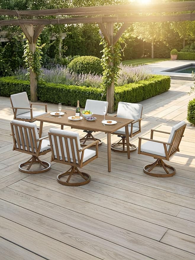 7 Pieces Patio Dining Set with 6 Swivel Chairs, Never-Rust Aluminum Outdoor Dining Set, Patio Swivel Dining Set with Thick Cushions, Outdoor Furniture Set for Deck, Garden, Yard, Teak