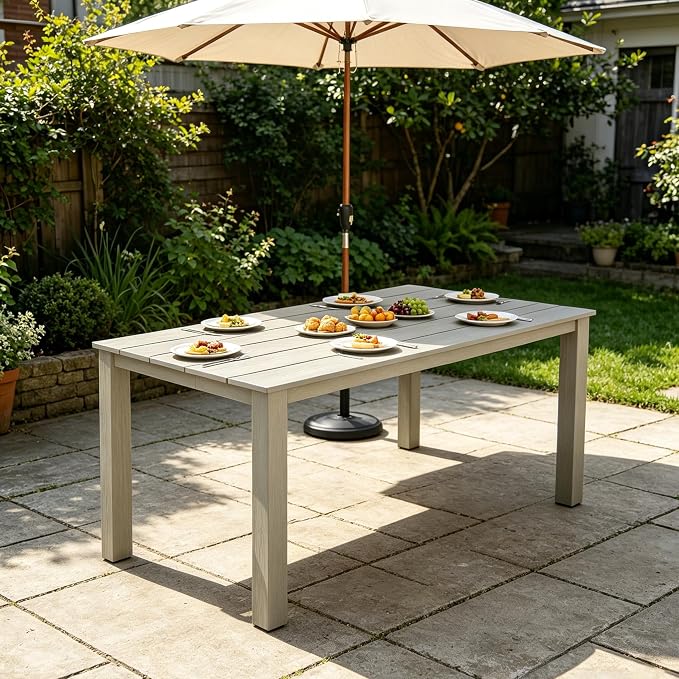 68.9” Outdoor Dining Table, Wooden Patio Table, Outdoor Furniture with Umbrella Hole, 6 Seater Outside Table for for Garden, Poolside & Backyard,BBQ ect. (Light Gray)