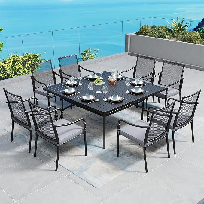 SUNSHINE VALLEY Patio Table and Chairs Set of 8, All Weather Breathable Metal Mesh Patio Chair with Gourd-Shaped Armrests, 60x60 Square Table with Umbrella Hole, 9 Pcs Metal Frame Patio Dining Set