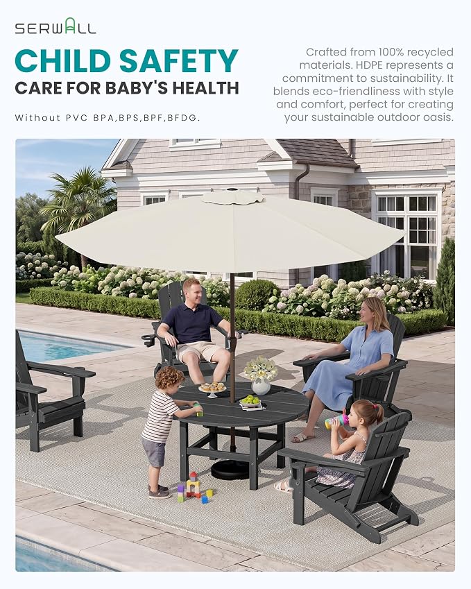 SERWALL 5-Piece Outdoor Furniture Set, Round Coffee Table with Umbrella Hole & Adirondack Chairs with Cup Holders, Grey