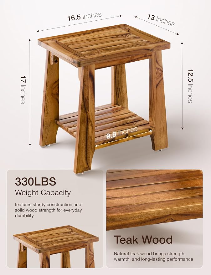 Tinamo Teak Storage Adirondack Side Table - 330LBS Capacity 2-Tier Wooden Outdoor Side Table, Patio Table for Patio, Garden, Lawn - Sturdy Wood Outdoor End Table - Assembly Required (Patent Pending)